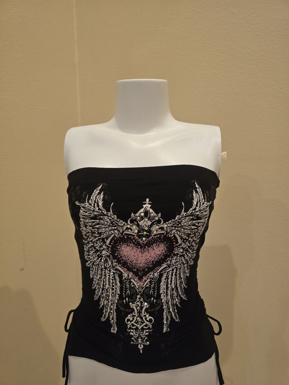 Black Strapless Crop Top with Pink Heart Wing Graphic